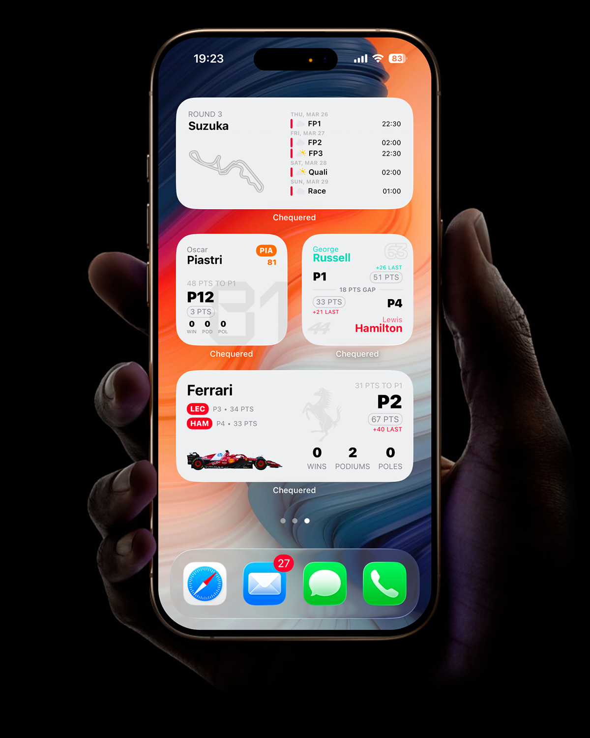 Chequered app showing F1 widgets and race data